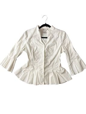 NEXX White Peplum Blouse Bell Sleeve Stretch Cotton Button Front Medium